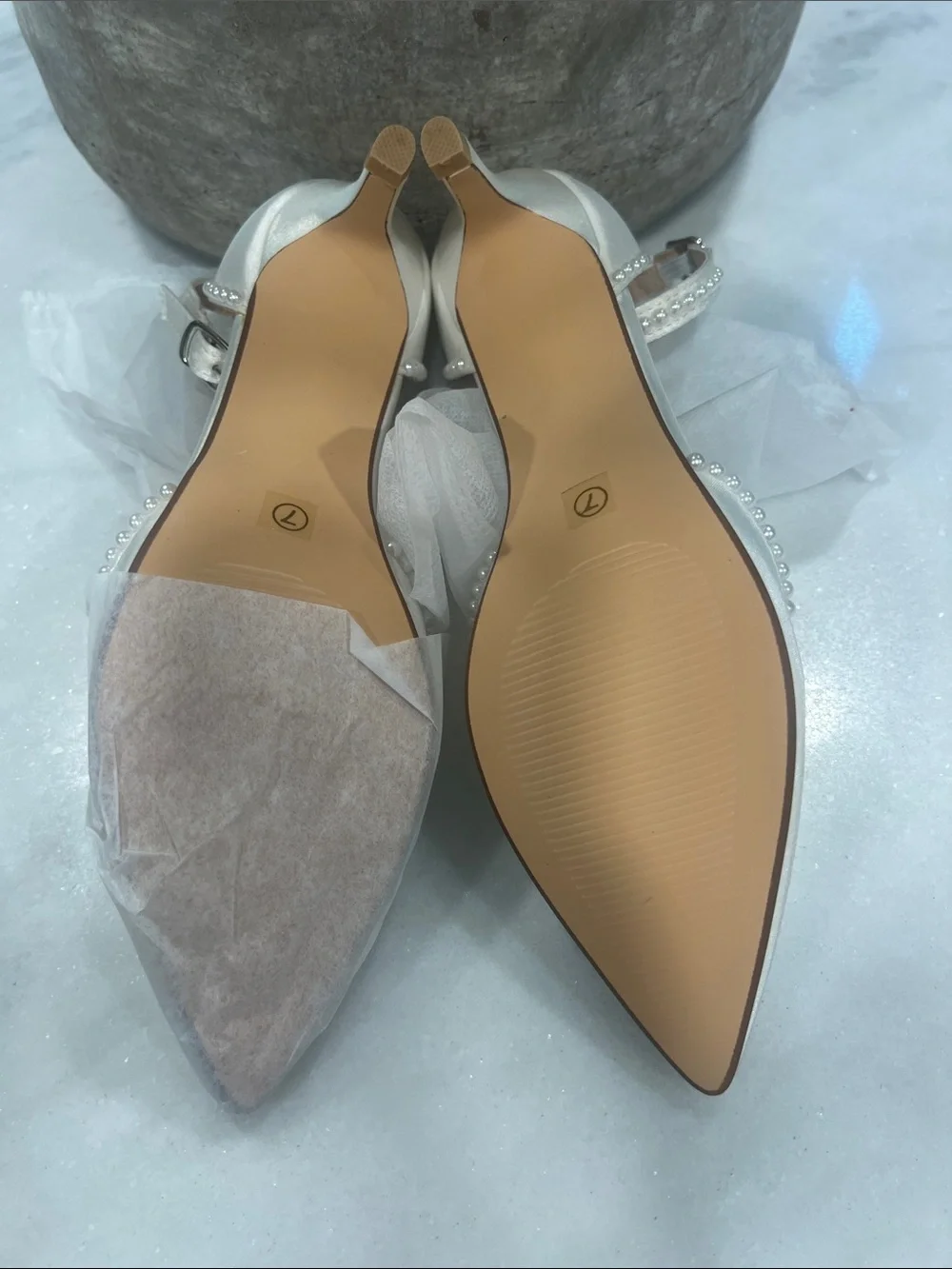 Pearl-Trim White Pointed Ankle-Strap Wedding Heels